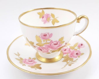 Cup and Saucer Set by Salisbury with Pink Roses and Gold Leaves, Dijon Pattern