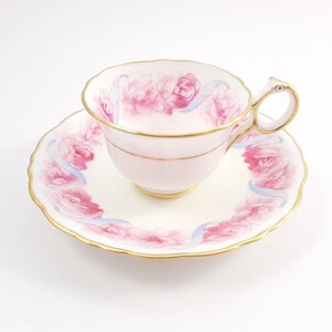 Antique Cauldon Demitasse with Pink Rose Garland and Blue Ribbon, Vintage Bone China, Small Tea Cup and Saucer, Coffee Cup