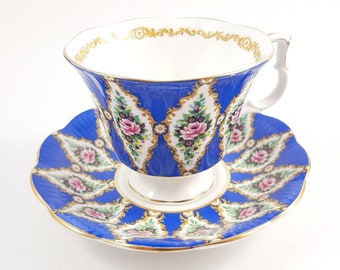 Royal Albert Blue Tea Cup and Saucer Set, Royal Series Sandringham, Vintage Bone China
