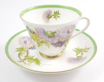Tasse à thé et soucoupe Royal Doulton Glamis Thistle, porcelaine ancienne