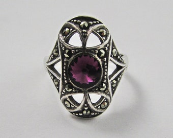 Sterling Silver Ring, Vintage Amethyst and Marcasite Ring, US Size 6.75 Ring, 925 Silver and Purple Stone
