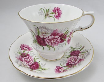 Teacup and Saucer Set with Carnations, Flower Festival K Pattern, Vintage Bone China