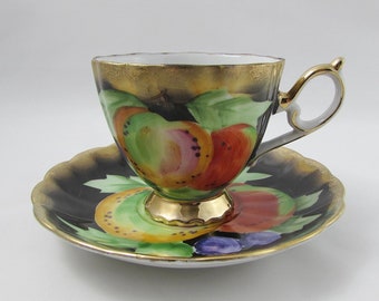 Tea Cup and Saucer by Shafford, Black and Gold with Fruit, Hand Decorated, Vintage Bone China, Made in Japan