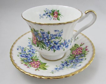 Tea Cup and Saucer with Pink and Blue Flowers, Vintage Tea Cup, Bone China