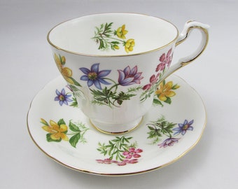 English Flowers Teacup and Saucer Set, Vintage Bone China