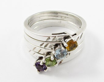 Set of 4 Sterling Silver Stacking Rings with Amethyst, Peridot, Blue Topaz, and Citrine, 925 Silver, US Size 9.5 Rings, Vintage Rings