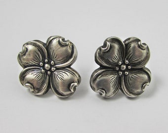 Danecraft Sterling Earrings, Dogwood Flowers, Screw Backs, Sterling Silver, Vintage Clip-on Earrings, 7/8 Inch