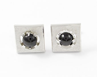 Silver Tone and Black Glass Cufflinks, Mid Century Modern Men's Accessory, Vintage Cuff Links, Square Shape