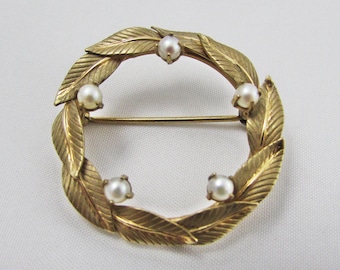 Carl Art Wreath Brooch, Gold Filled with Faux Pearls, Gold Fill Brooch, Vintage Brooch, 1/20 12K G. F.