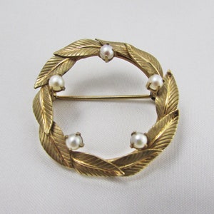 Carl Art Wreath Brooch, Gold Filled with Faux Pearls, Gold Fill Brooch, Vintage Brooch, 1/20 12K G. F. image 1