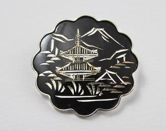 Pagoda Sterling and Enamel Brooch, Black and Silver, Vintage Brooch Pin, Sterling Silver 925, 1 Inch