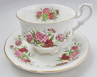 Vintage Teacup and Saucer Set with Sweet William Flowers, Fine Bone China