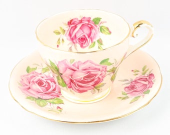 Aynsley Tea Cup and Saucer Set with Pink Cabbage Roses, Aynsley Bone China