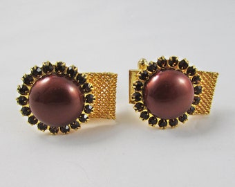 Gold Tone Cufflinks with Red Brown Rhinestones, Mid Century Modern Men's Accessory, Vintage Cuff Links