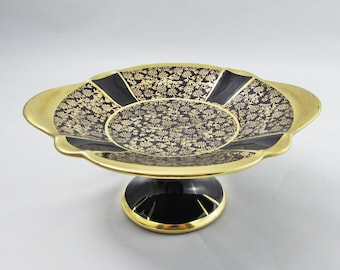 Small Compote, Black with Gold Chintz, Footed Dish, Comport, H. Aynsley & Co., 7 Inches by 3 Inches