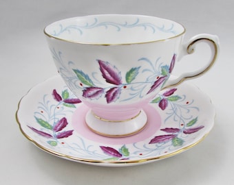 Tuscan Pink Tea Cup and Saucer Set with Purple and Green Leaves, Vintage Bone China