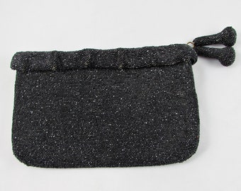 Vintage Beaded Clutch Purse, Evening Bag, Black Bead Clutch