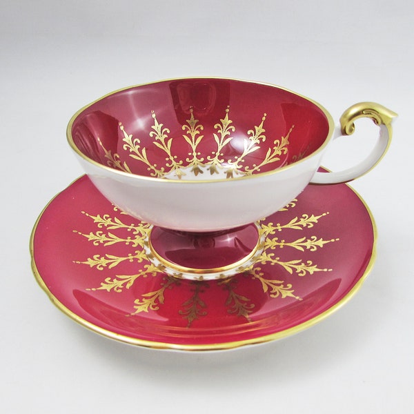 Red Aynsley Tea Cup and Saucer with Gold Decor, Pedestal, Vintage Bone China