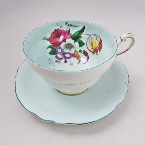 Paragon Blue Tea Cup and Saucer Set with Floral Bouquet, Vintage Bone China, Double Royal Warrant