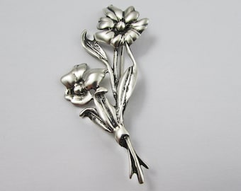 Sterling Floral Brooch, Flowers Tied with a Bow, Vintage Sterling Silver Brooch