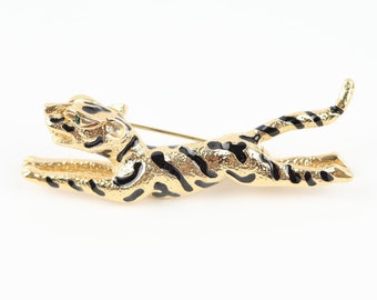 Nina Ricci Jaguar Brooch, Gold Tone and Black Enamel with Green Rhinestone Eyes, Signed Nina Ricci Vintage Brooch, Panther, Cat