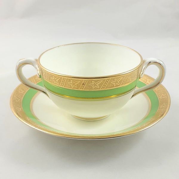 Cauldon Double Handle Tea Cup and Saucer, Green and Gold, Vintage Bone China, Soup Bowl, Bouillon Cup