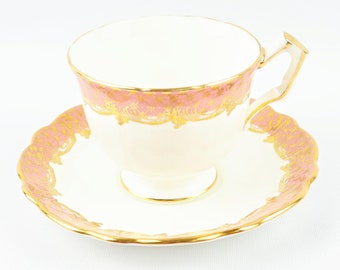 Aynsley Ensemble tasse à thé et soucoupe avec bordures roses, Aynsley Porcelaine, Aynsley forme crocus