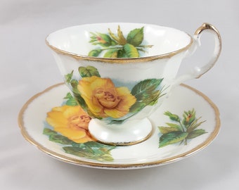 Paragon Tea Cup and Saucer Set with Yellow Roses, Vintage English Bone China