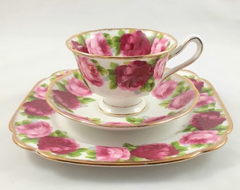 Royal Albert Old English Rose Tea Cup and Saucer Trio, Pink Roses, Vintage Bone China