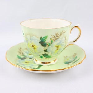 Green Tea Cup and Saucer with White Roses, Vintage English Bone China by Colclough