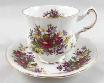 Teacup and Saucer Set, Flower Festival Pattern, Vintage Bone China