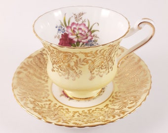 Paragon Tea Cup and Saucer Set, Yellow and Gold with Carnation Flowers, English Bone China, Vintage Tea Cup