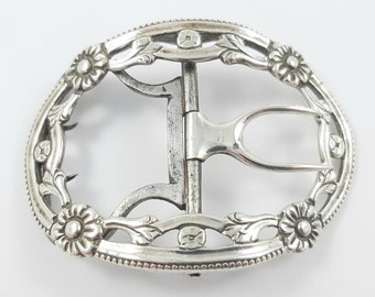 Antique English Sterling Silver Belt Buckle with Floral Pattern