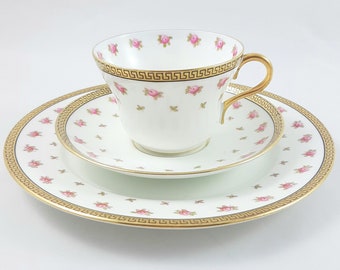 Antique Paragon Tea Trio with Small Roses and Greek Key Border, Paragon Star Mark China, Plate, Tea Cup and Saucer, Tea Trio