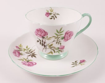 Shelley Eglantine Tea Cup and Saucer with Pink Roses, Green Trimming, Vintage Bone China, Pattern Number 2383