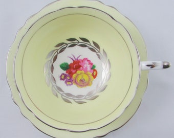 Yellow Paragon Teacup and Saucer Set with Flowers and Silver Trim, Fine Bone China, Double Warrant