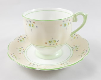 Bell Tea Cup and Saucer with Hand Painted Flowers and Green Trimming, Vintage Tea Cup, English Bone China