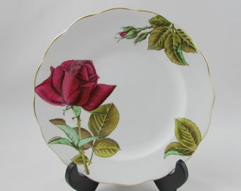 English Rose Plate with Large Red Rose, Salad Plate, Royal Standard Vintage Bone China, 8 Inch Plate