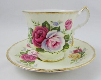 Paragon Tea Cup and Saucer Set, Pale Yellow with Roses, Vintage English Bone China