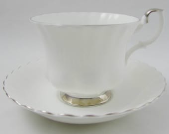 Royal Albert Chantilly Tea Cup and Saucer, White with Silver Trim, Vintage Bone China