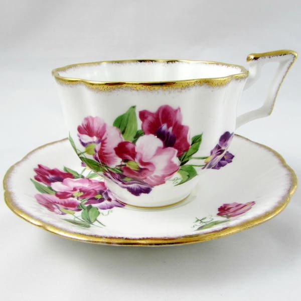 Vintage Tea Cup and Saucer by Salisbury, with Sweet Pea Flowers, English Bone China, Teacup and Saucer