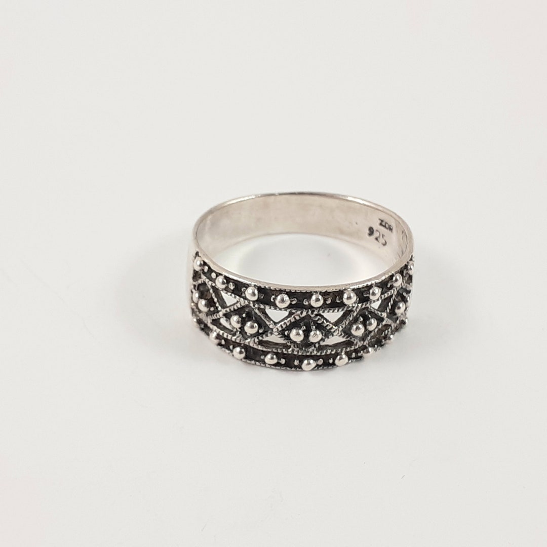 Vintage Sterling Silver Ring With Geometric Pattern, 925