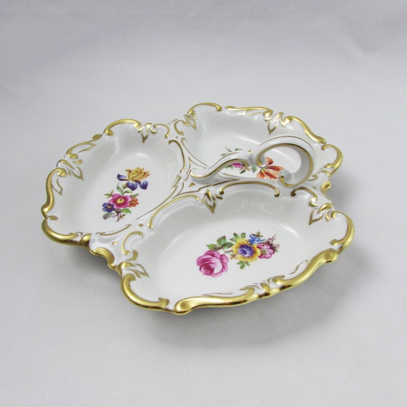 8 14 inches White Flowers with Gold Gilt Pink 3 Section Dish with Handle