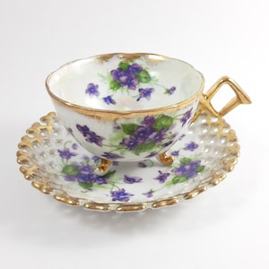 Japanese Tea Cup and Saucer by Shafford with Purple Violets, Three Footed Tea Cup, Reticulated Saucer