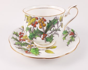 Royal Albert Tea Cup and Saucer Set Flower of the Month December Holly, Vintage Tea Cup and Saucer, Bone China