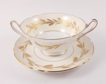 Shelley Bowl with Saucer, Golden Harvest Pattern, Two Handles, Shelley Vintage Bone China, Bouillon Cup, Double Handle, Cream Soup