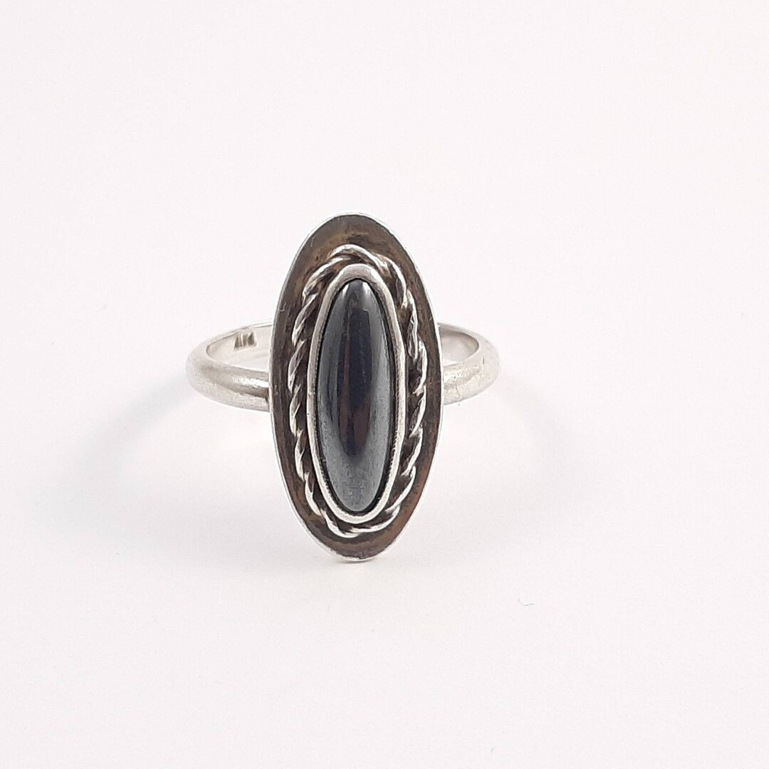 Bague Ancienne En Argent 925 Rhodié Avec Hématite Noire - Taille 52 - Occasion