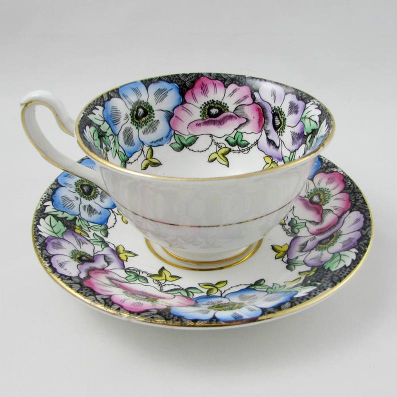 Vintage Tea Cup and Saucer Black with Flowers by Taylor and Etsy
