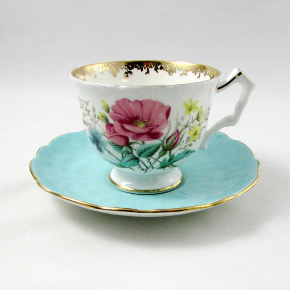 Aynsley Tea Cup and Saucer with Flowers Blue Saucer Vintage Etsy