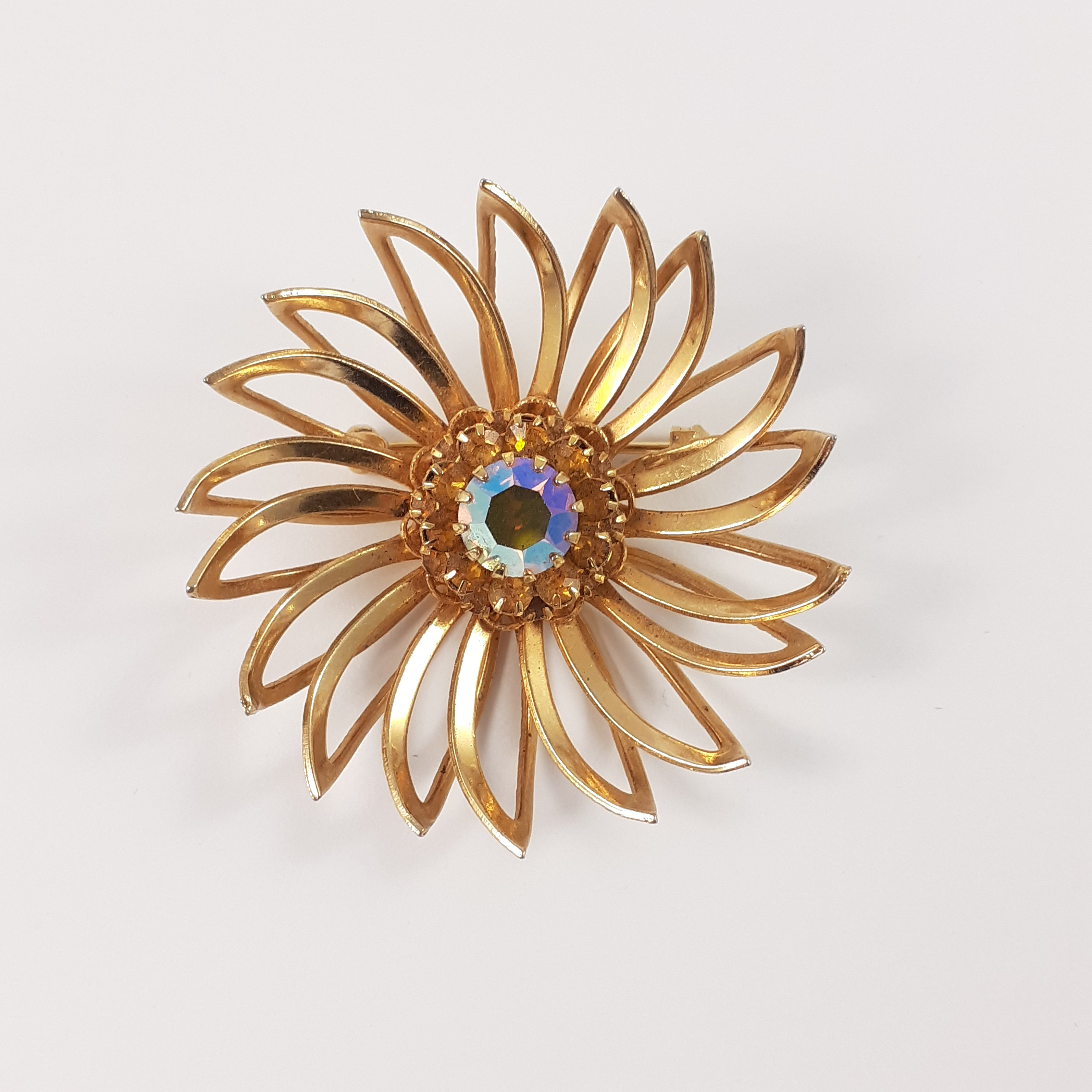 Gold Tone Flower Brooch With Rhinestones, Made by Sarah